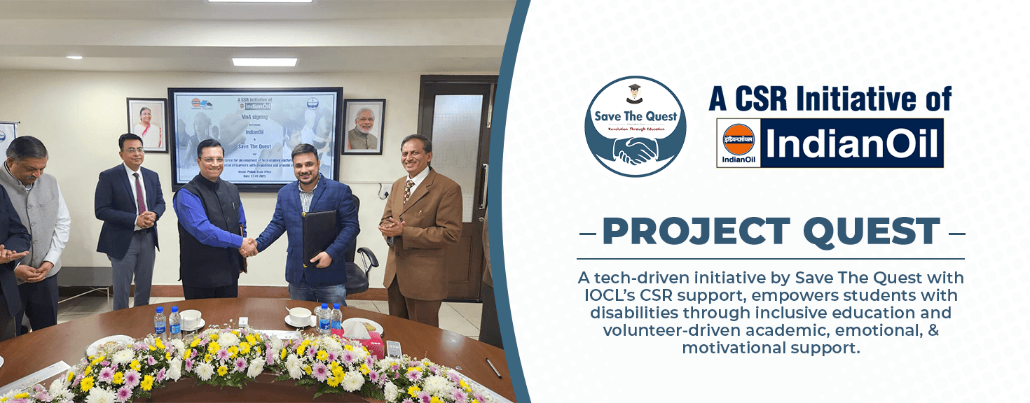 MoU signing ceremony between IndianOil and Save The Quest for Project Quest, with officials shaking hands and smiling in a conference room. Project Quest is a CSR initiative supporting inclusive education for students with disabilities.