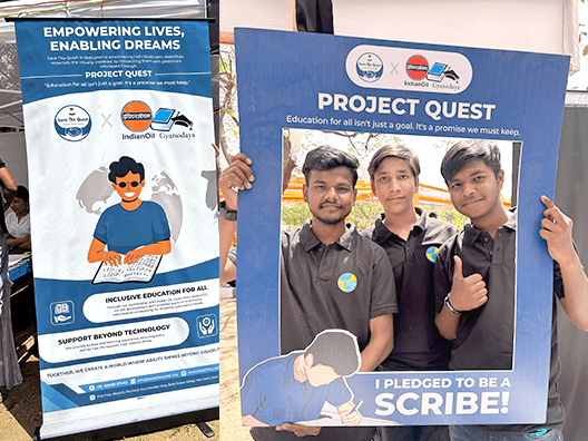 Two Project Quest promotional banners - left banner shows 'Empowering Lives, Enabling Dreams' with assistive technology illustration, right banner shows three male volunteers posing with 'I Pledged to be a Scribe' message